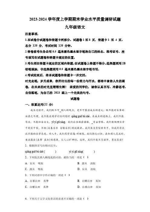 山东省临沂市河东区2023-2024学年九年级上学期期末 语文试题(含解析)