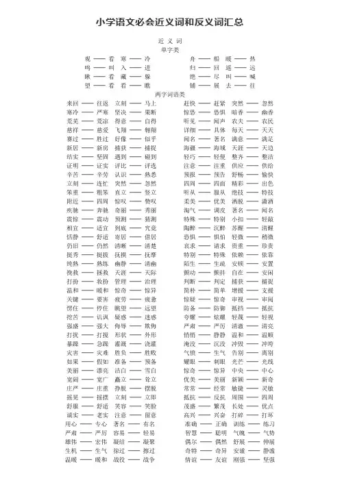 小学语文必会近义词和反义词汇总