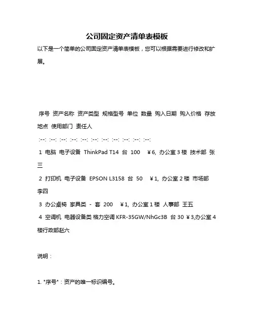 公司固定资产清单表模板