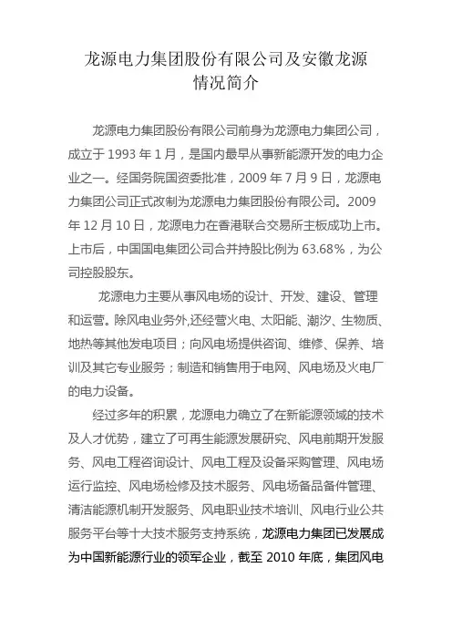 龙源电力集团股份有限公司及安徽龙源情况简介