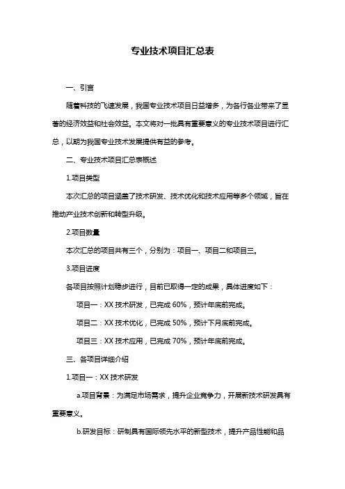 专业技术项目汇总表