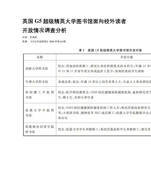英国G5超级精英大学图书馆面向校外读者开放情况调查分析
