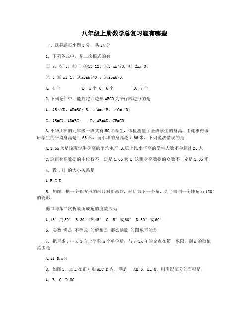 八年级上册数学总复习题有哪些
