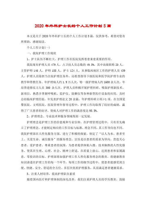 2020年外科护士长的个人工作计划5篇