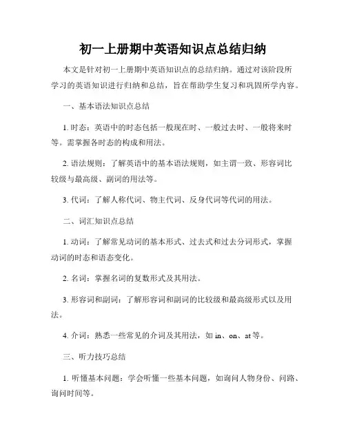 初一上册期中英语知识点总结归纳