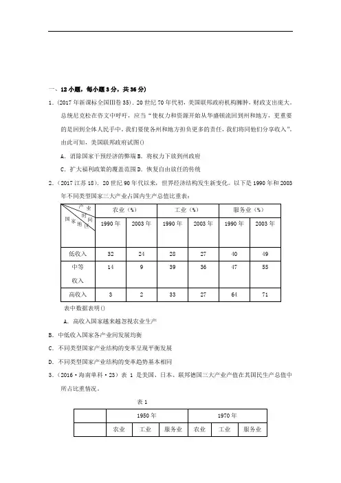 2017_2018学年高一历史下学期第七次周测试题