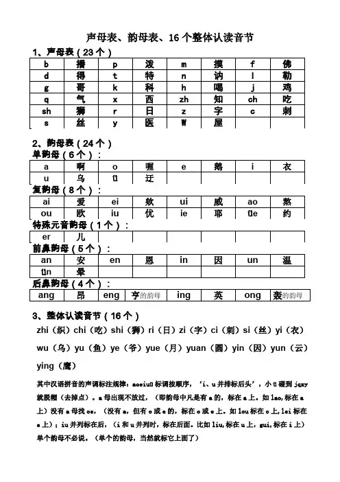 声母表-韵母表-16个整体认读音节