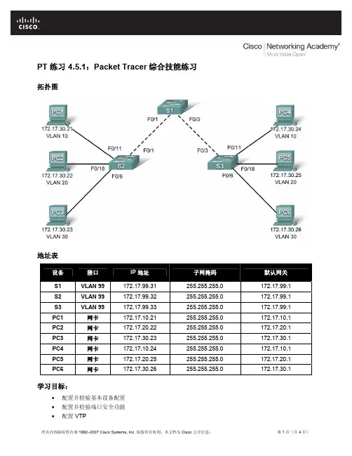 PT 练习 4.5.1：Packet Tracer 综合技能练习
