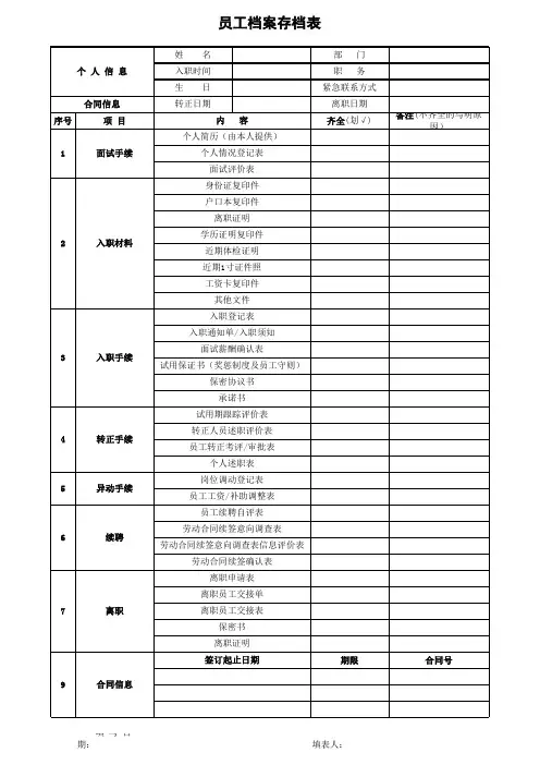 员工档案存档表(完整版)