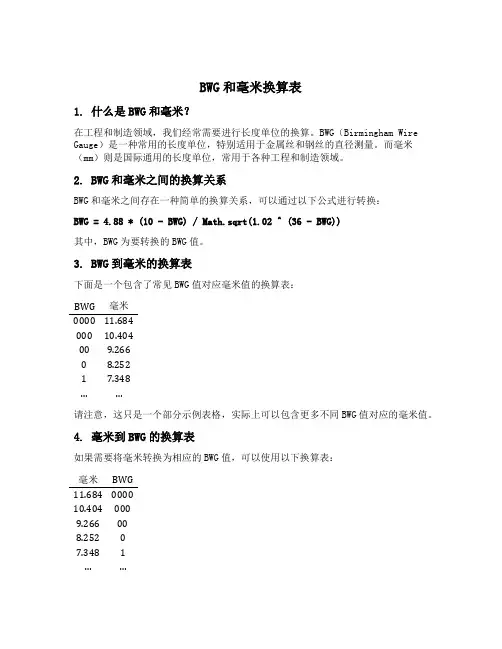 bwg和毫米换算表