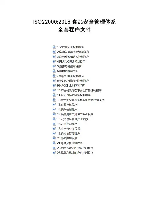 ISO22000：2018食品安全管理体系全套程序文件