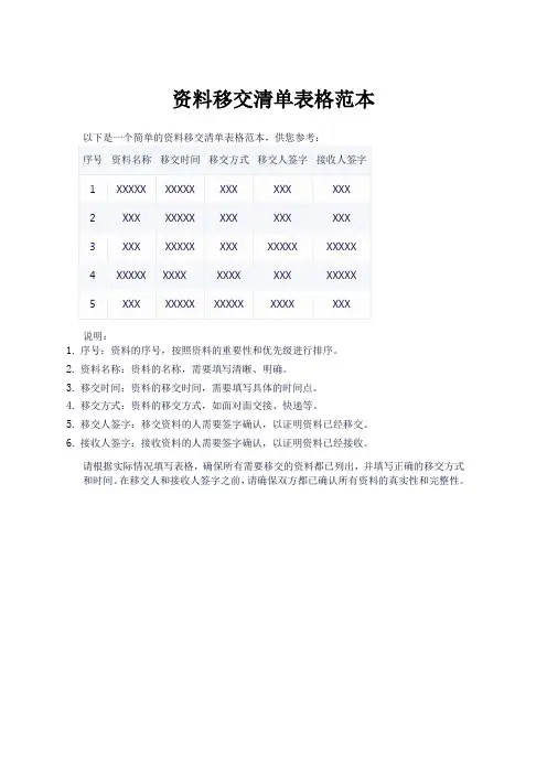 资料移交清单表格范本