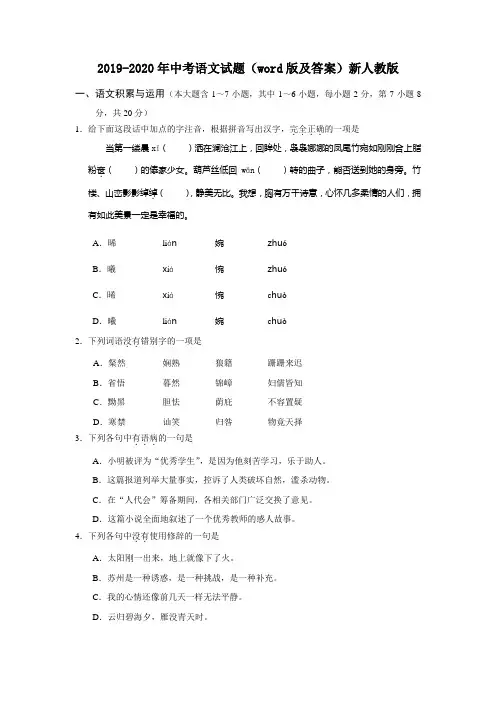 2019-2020年中考语文试题(word版及答案)新人教版
