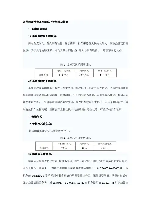 各种闸瓦性能及在机车上使用情况简介