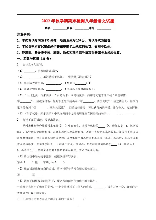 江苏省盐城市大丰区2022-2023学年八年级上学期期末语文试题(含解析)