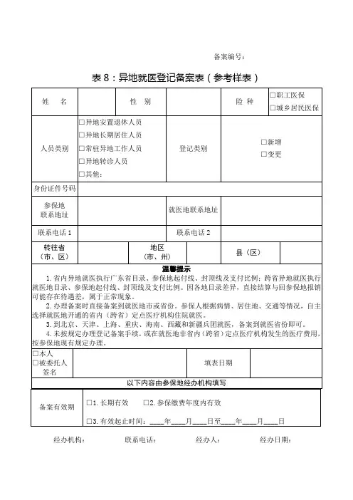 异地转诊人员备案备案表