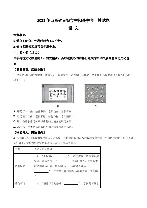 2023年山西省吕梁市中阳县中考一模语文试题(含答案与解析)