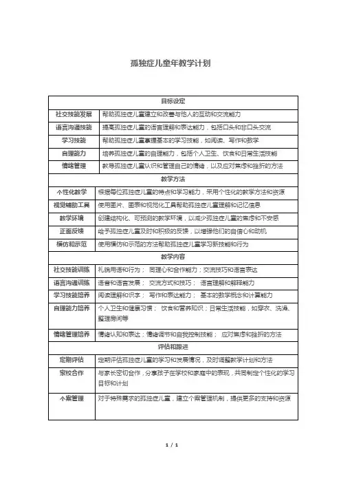孤独症儿童年教学计划