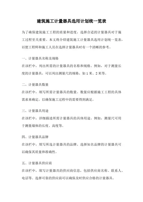 建筑施工计量器具选用计划统一览表