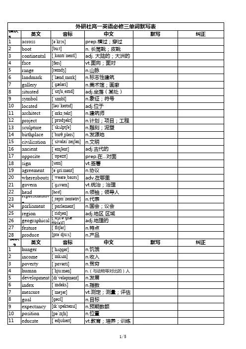 高中必修三外研社单词表—含音标;词性;汉语;适合默写