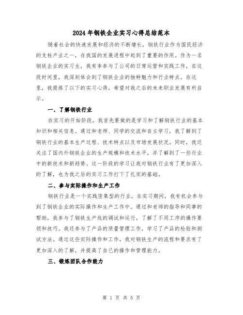 2024年钢铁企业实习心得总结范本（二篇）