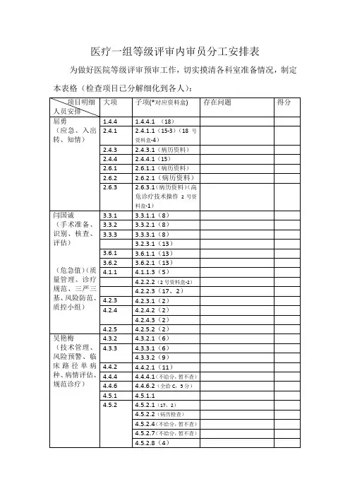 医疗一组等级评审内审员分工安排(1)