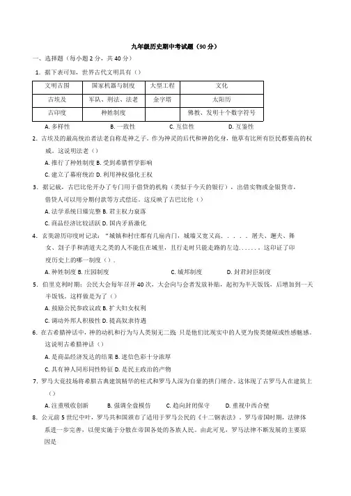 甘肃省陇南市康县2024-2025学年部编版九年级上学期10月期中历史试题(含答案)