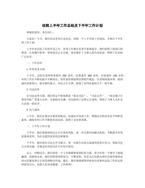 法院上半年工作总结及下半年工作计划