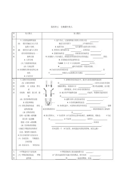 人教版初中生物七年级下册《第四单元生物圈中的人》复习课教案附练习