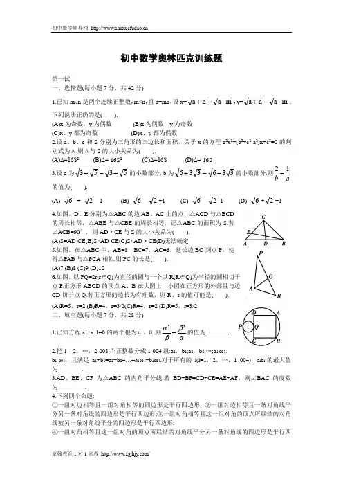 初中数学奥林匹克训练题及答案