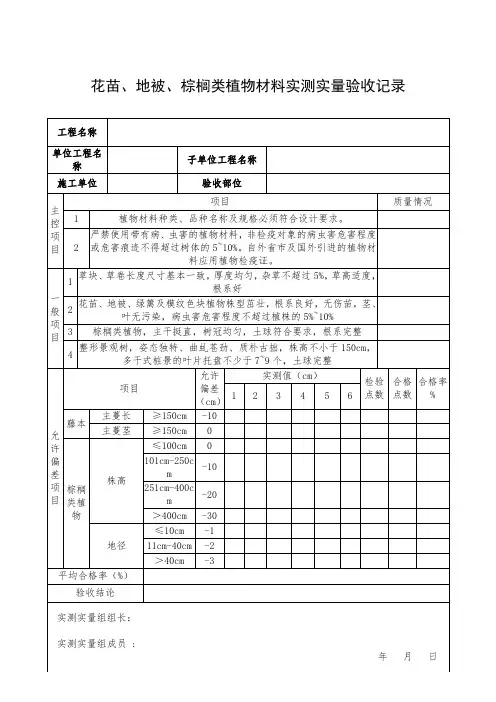 花苗、地被、棕榈类植物材料实测实量验收记录