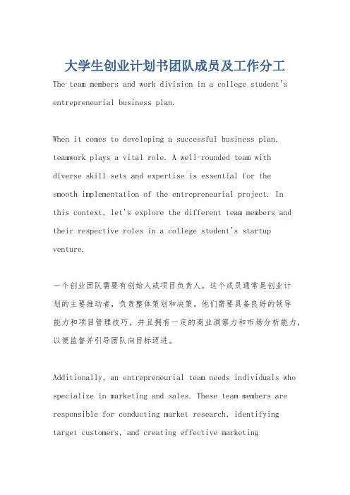大学生创业计划书团队成员及工作分工