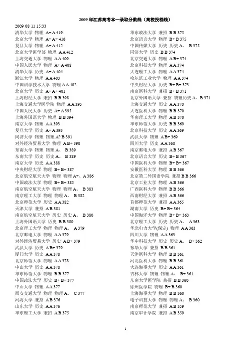 江苏省2009本一本二大学录取分数线
