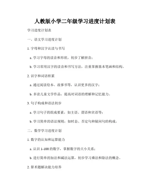 人教版小学二年级学习进度计划表