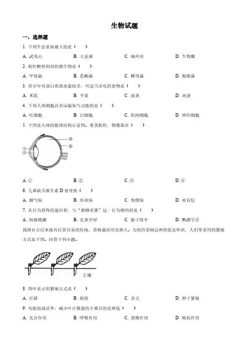 2023年福建省中考生物真题(原卷版和解析版)