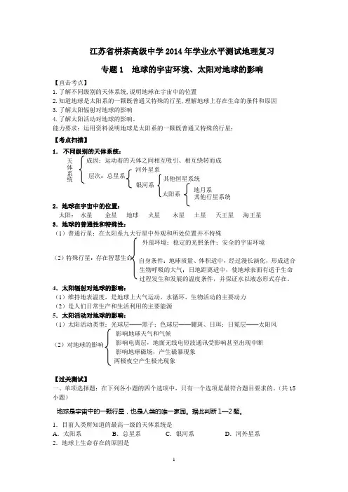 栟茶高级中学2014年学业水平测试地理复习：专题1 地球的宇宙环境、太阳对地球的影响