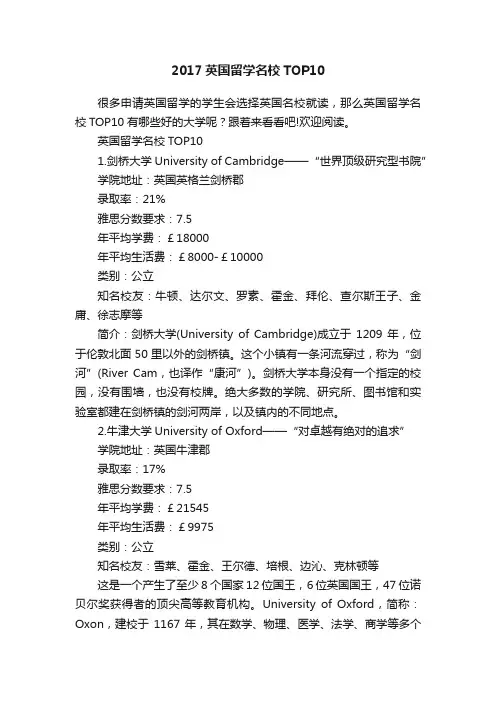 2017英国留学名校TOP10