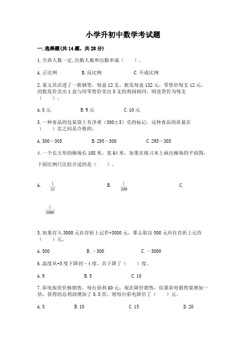小学升初中数学考试题有解析答案