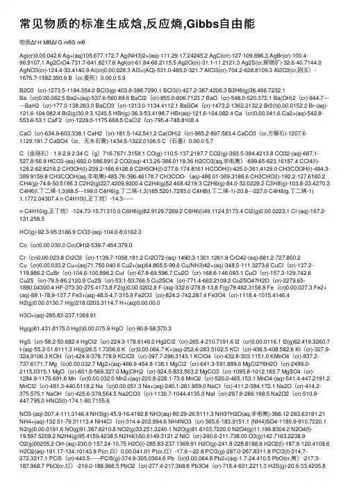 常见物质的标准生成焓,反应熵,Gibbs自由能