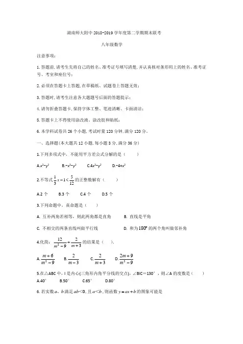 湖南省长沙市湖南师大附中联考2018-2019学年下期八年级期末数学试题(无答案)