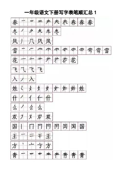 小学语文部编版一年级下册写字表笔顺汇总