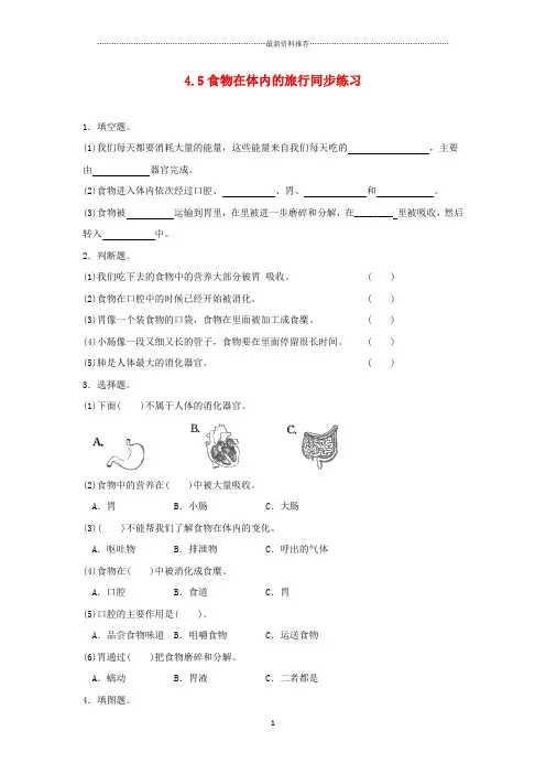 小学四年级科学上册4.5食物在体内的旅行练习教科版精编版