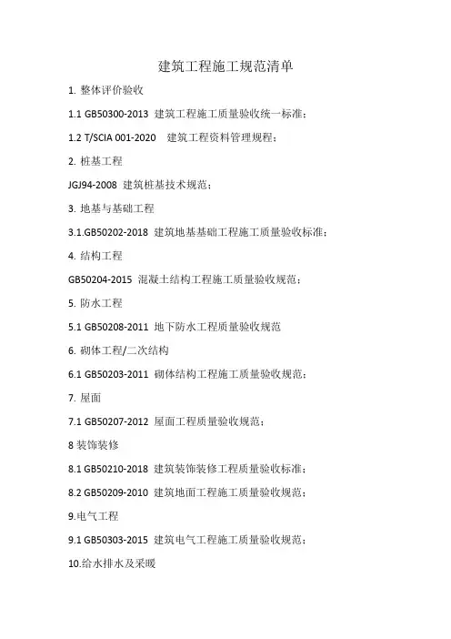 建筑工程施工规范、图集清单