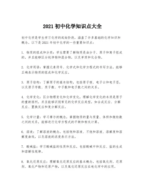 2021初中化学知识点大全