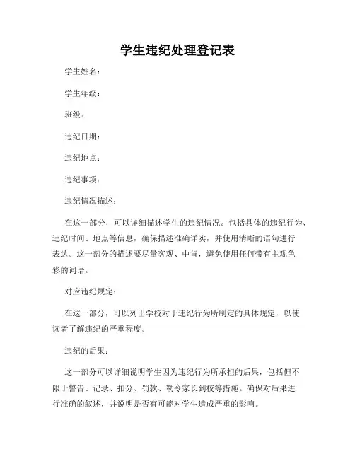 学生违纪处理登记表