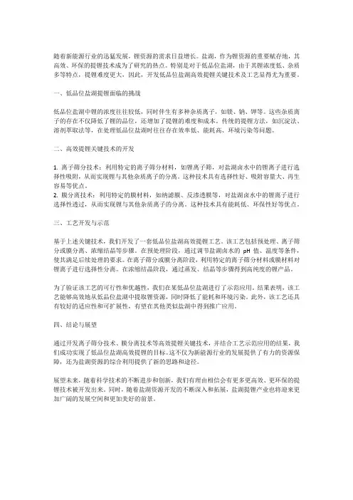 低品位盐湖高效提锂关键技术及工艺开发与示范