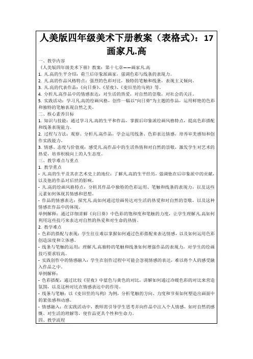 人美版四年级美术下册教案(表格式)：17画家凡.高