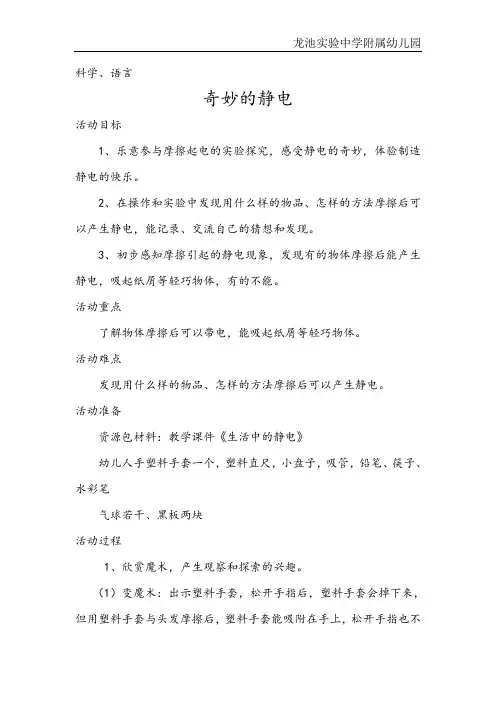 大班科学活动《奇妙的静电》