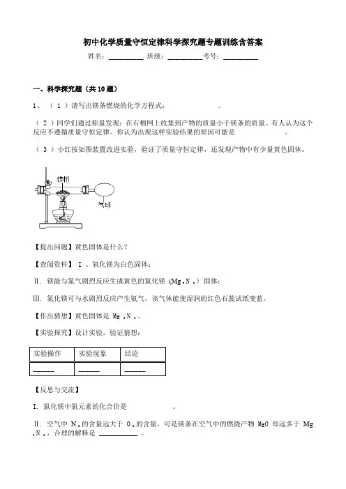 初中化学质量守恒定律科学探究题专题训练含答案