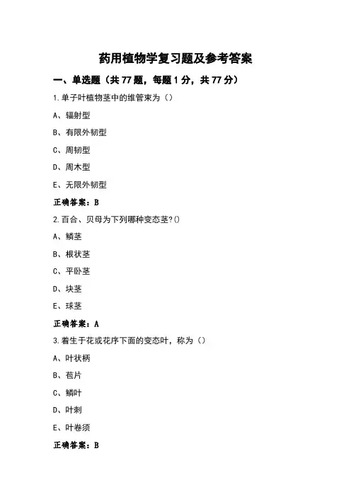 药用植物学复习题及参考答案